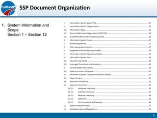 SSP Document Organization

1. System Information and
   Scope
   Section 1 – Section 12




                                     5
 