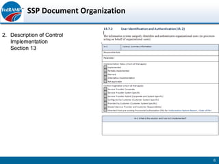 SSP Document Organization

2. Description of Control
   Implementation
   Section 13




                                      6
 