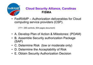 ISACA Research Triangle Chapter
FISMA
• FedRAMP – Authorization deliverables for Cloud
computing service providers (CSP).
• ( *297 controls, 604 pages document)
• A. Develop Plan of Action & Milestones: (POAM)
• B. Assemble Security authorization Package
(SAP)
• C. Determine Risk
• D. Determine the Acceptability of Risk
• E. Obtain Security Authorization Decision
(yes/no)
 