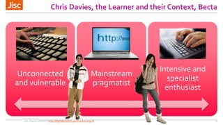 Chris Davies, the Learner and their Context, Becta 
Unconnected 
and vulnerable 
Mainstream 
pragmatist 
Intensive and 
specialist 
enthusiast 
Jisc Digital Student http://digitalstudent.jiscinvolve.org.uk 7 
 