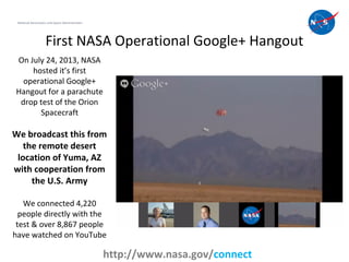 National Aeronautics and Space Administration
7
http://www.nasa.gov/connect
On July 24, 2013, NASA
hosted it’s first
opera...