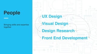 People
UX Design
Visual Design
Design Research
Front End Development
Bringing skills and expertise
together
People
 