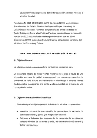 Educación Inicial, responsable de brindar educación a niñas y niños de 0
       a 5 años de edad.


Resolución N0 0025 OSCIDI-2003 del 10 de Julio del 2003, Modernización
Administrativa del Estado, Sistema de Organización por procesos y de
Desarrollos de Recursos Humanos a implementarse en las entidades del
Sector Publico conforme a las Políticas Publicas establecidas en la resolución
N0 OSCIDI-2000-032 publicada en el Registro Oficial N0 234 del 29 de
Diciembre del 2000, expide la estructura Orgánica por procesos transitoria del
Ministerio de Educación y Cultura.




       OBJETIVOS INSTITUCIONALES Y PREVISIONES DE FUTURO


1.- Objetivo General


La educación inicial ecuatoriana oferta condiciones necesarias para:


Un desarrollo integral de niñas y niños menores de 5 años a través de una
educación temprana de calidad y con equidad, que respete sus derechos, la
diversidad, el ritmo natural de crecimiento y aprendizaje y fomente valores
fundamentales, incorporando a la familia y a la comunidad, en el marco de una
concepción inclusiva.




2.- Objetivos Institucionales Específicos


   Para conseguir su objetivo general, la Educación Inicial se compromete a:


   •   Incentivar procesos de estructuración del pensamiento, la expresión, la
       comunicación oral y gráfica y la imaginación creadora
   •   Estimular y fortalecer los procesos de de desarrollo de los sistemas
       sensorio-motrices de las niñas y niños, de crecimiento socio-afectivo y
       de los valores éticos,
 