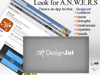 Look for A.N.W.E.R.S
There’s an App for that... DesignJot
• Audience
• Needs
• Strengths
• Weaknesses
• Expertise
• Results

Video: 1.14
mins

 