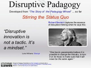 Disruptive Padagogy
Developed from “The Story of the Padagogy Wheel” ... so far

Stirring the Status Quo
Richard Branson captures the essence
of disruptive thinking when he says this:

“Disruptive
innovation is
not a tactic. It’s
a mindset.”
Luke Williams: Disrupt

“One has to passionately believe it is
possible to change the industry, to turn
it on its head, to make sure that it will
never be the same again.”

Disruptive Padagogy Presentation by Allan Carrington is licensed under a
Creative Commons Attribution-NonCommercial-ShareAlike 3.0 Unported License.
Based on a work at http://tinyurl.com/padwheelstory.

 