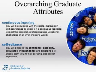 Overarching Graduate
Attributes
continuous learning
they will be equipped with the skills, motivation
and confidence to engage in continuous learning
to meet the personal, professional and vocational
challenges of an ever changing world;

self-reliance
they will possess the confidence, capability,
assurance, independence and enterprise to
enable them to fulfil their personal and career
aspirations;

Statement of
Graduate Attributes

 