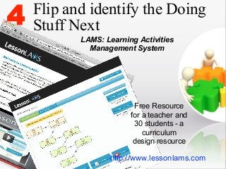 4

Flip and identify the Doing
Stuff Next
LAMS: Learning Activities
Management System

Free Resource
for a teacher and
30 students - a
curriculum
design resource

http://www.lessonlams.com

 