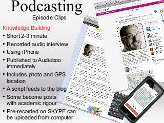 Podcasting
Episode Clips

Knowledge Building
• Short 2-3 minute
• Recorded audio interview
• Using iPhone
• Published to Audioboo
immediately
• Includes photo and GPS
location
• A script feeds to the blog
• Some become posts
with academic rigour
• Pre-recorded on SKYPE can
be uploaded from computer

 