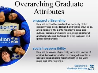 Overarching Graduate
Attributes
engaged citizenship
they will add to the productive capacity of the
economy and be in demand and will be attuned to,
and engage with, contemporary social and
cultural issues and aspire to make meaningful
and helpful contributions to local, national and
global communities;

social responsibility
they will be aware of generally accepted norms of
ethical behaviour and be encouraged to act in a
socially responsible manner both in the work
place and other settings.
Statement of
Graduate Attributes

 