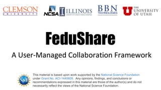 FeduShare
A User-Managed Collaboration Framework
This material is based upon work supported by the National Science Foundation
under Grant No. ACI-1440609. Any opinions, findings, and conclusions or
recommendations expressed in this material are those of the author(s) and do not
necessarily reflect the views of the National Science Foundation.
 