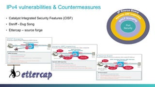 •  Catalyst Integrated Security Features (CISF)
•  Dsniff - Dug Song
•  Ettercap – source forge
IPv4 vulnerabilities & Countermeasures
Port
Security
 