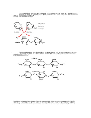 Disaccharides- are doubled ringed sugars that result from the combination
of two monosaccharides.4




     Polysaccharides- are defined as carbohydrate polymers containing many
monosaccharides.4




3.Microbiolgy for Health Science, Seventh Edition, by Gwendolyn R.W.Burton and Paul G. Engelkirk (Page 136-137)
4 Microbiolgy for Health Science, Seventh Edition, by Gwendolyn R.W.Burton and Paul G. Engelkirk (Page 138-141)
 