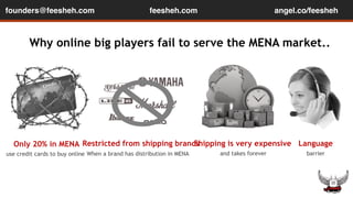 founders@feesheh.com feesheh.com angel.co/feesheh 
Why online big players fail to serve the MENA market.. 
Only 20% in MENA 
Restricted from shipping brands 
When a brand has distribution in MENA 
use credit cards to buy online 
Shipping is very expensive 
and takes forever 
Language 
barrier 
 