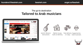 founders@feesheh.com angel.co/feesheh 
Tailored to Arab musicians 
Arab & Western 
Instruments 
Fast delivery 
2-3 days 
feesheh.com 
Option to pay 
Cash on Delivery 
Supported by 
Arab musicians 
The go-to destination 
 