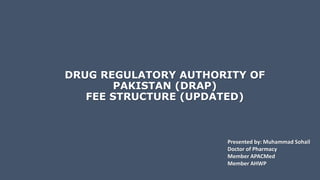 DRUG REGULATORY AUTHORITY OF
PAKISTAN (DRAP)
FEE STRUCTURE (UPDATED)
Presented by: Muhammad Sohail
Doctor of Pharmacy
Member APACMed
Member AHWP
 