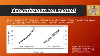Υποκατάσταση του αλατιού
Σχήμα 6: Επίδραση του
γλυκονικού νατρίου και του
γλυκονικού καλίου στο
μπαγιάτεμα του ψωμιού.
Τέλος, η υποκατάσταση του αλατιού από γλυκονικό νάτριο ή γλυκονικό κάλιο,
δεν είχε αξιοσημείωτη επίδραση στο μπαγιάτεμα του ψωμιού.
 