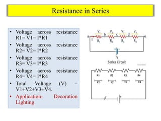 Resistance in Series
• Voltage across resistance
R1= V1= I*R1
• Voltage across resistance
R2= V2= I*R2
• Voltage across resistance
R3= V3= I*R3
• Voltage across resistance
R4= V4= I*R4
• Total Voltage (V) =
V1+V2+V3+V4.
• Application- Decoration
Lighting
 