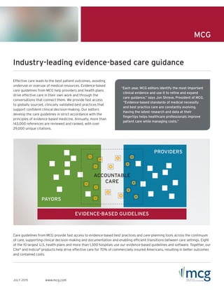 MCG
Industry-leading evidence-based care guidance
Effective care leads to the best patient outcomes, avoiding
underuse or overuse of medical resources. Evidence-based
care guidelines from MCG help providers and health plans
drive effective care in their own work and through the
conversations that connect them. We provide fast access
to globally sourced, clinically validated best practices that
support confident clinical decision-making. Our editors
develop the care guidelines in strict accordance with the
principles of evidence-based medicine. Annually, more than
143,000 references are reviewed and ranked, with over
29,000 unique citations.
Care guidelines from MCG provide fast access to evidence-based best practices and care-planning tools across the continuum
of care, supporting clinical decision-making and documentation and enabling efficient transitions between care settings. Eight
of the 10 largest U.S. health plans and more than 1,300 hospitals use our evidence-based guidelines and software. Together, our
Cite®
and Indicia®
products help drive effective care for 70% of commercially insured Americans, resulting in better outcomes
and contained costs.
www.mcg.comJULY 2015
PAYORS
PROVIDERS
ACCOUNTABLE
CARE
EVIDENCE-BASED GUIDELINES
“Each year, MCG editors identify the most important
clinical evidence and use it to refine and expand
care guidance,” says Jon Shreve, President of MCG.
“Evidence-based standards of medical necessity
and best practice care are constantly evolving.
Having the latest research and data at their
fingertips helps healthcare professionals improve
patient care while managing costs.”
 