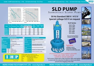 INDRA HYDRO TECH PUMPS PVT. LTD. - www.ihpindia.in
SLD Submersible Sludge - Slurry PumpSLUDGE - SLURRY Submersible Pump - 4 Pole
Model Kw Discharge Phase
Solids
passage
in mm
Maximum Efficiency Max
Diameter
mm
Height
mm
Weight
kg
SLD-353*
SLD-3754
SLD-3104
SLD-3156
SLD-3206**
SLD-3306**
3.7
7.5
15
5.5
11
22
3”
4”
6”
4”
6”
5”
3
3
3
3
3
3
22
22
38
22
25
38
14
19
32
17
22
30
1500
2200
3067
1917
4534
5701
420
420
565
420
570
578
820
840
1100
820
1100
1325
110
130
265
120
240
410
Max Head
in mtr
Max Flow
in Lpm
MOTOR SPECIFICATIONS
Type
Pole
Insulation class
Motor Power details
Materials
Protector
Max Liquid Temp
Protection Class
Max Submergence
Submersible continuous duty
H - Dual class(180o
C)
415v, 3phase, 50 cycle
Auto-cut (over-heat & over-load)
Fluid at 400C
IP-68
15m
Cast ironJacket
Cable
Seal
Shaft
HO7RNF - CE standard
410 stainless steel
Silicon carbide seal
4-Pole
PUMP SPECIFICATIONS
Impeller
Wear plate
Mechanical Seal
Bearing
Agitator
Volute Casing
Semi-open impeller, 27% Cr hardened
55-60 HRC
Adjustable 27% Cr hardened to 55-60 HRC
Double silicon carbide in oil bath &
incorporating wear protection ring
Heavy duty bearings grease lubricated
Replaceble, 27% Cr hardened to 55-60 HRC
Ductile iron hardened to 17-22 HRC
27% Chrome pump casing available for all
SLD PumpS u b m e r s i b l e S l u r r y P u m p
SLD Series
SLD 3.7Kw
SLD 5.5Kw
SLD 7.5Kw
SLD 11Kw
SLD 15Kw
SLD 22Kw
50 Hz Standard 380 V / 415 V
Special voltage 525 V on request
Thermal Overload Motor
Protector for all 3 phase
Agitator
Solids to slurry
Prevents clogging
High chromium alloy steel
27% Chrome pump casing available for all models
Duplex steel - SS304 - SS316 - SS316L
available for saltwater application
Each pump is fitted with a high chromium alloy steel agitator
to assist with the reduction of solids to a slurry and which
prevents the clogging of the inlet
INDRA HYDRO TECH PUMPS PVT. LTD.
316, 8th Cross, 4th Phase, Peenya Industrial Area
Bengaluru - 560058, Karnataka, INDIA
Tel.		 : +91 80 2836 2916 / 2836 6637
Mobile		 : +91 87621 48219
Fax		 : +91 80 2836 3048
Email		 : contact@ihpindia.in
* 4 inches delivery available ** 8 inches delivery available
SLD Submersible Sludge - Slurry PumpSLUDGE - SLURRY Submersible Pump - 4 Pole
INDRA HYDRO TECH PUMPS PVT. LTD. - www.ihpindia.in
A SLD-353
B SLD-3754
C SLD-3104
D SLD-3156
m m
20
70
50
30
20
30
40
10
10
0
ft ft
10
1000 2000 3000 4000 LPM 1000 2000 3000 4000 5000 LPM
Head
Head
Capacity Capacity
140
120
100
80
60
40
20
0
E SLD-3205
F SLD-3305
A
B
C
D
E
F
 