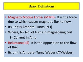 Basic Definitions
• Magneto Motive Force- (MMF)- It is the force
due to which causes magnetic flux to flow.
• Its unit is Ampere- Turns (N-I)
• Where, N= No. of turns in magnetizing coil
I= Current in Amp.
• Reluctance (S)- It is the opposition to the flow
of flux
• Its unit is Ampere- Turn/ Weber (AT/Weber)
 