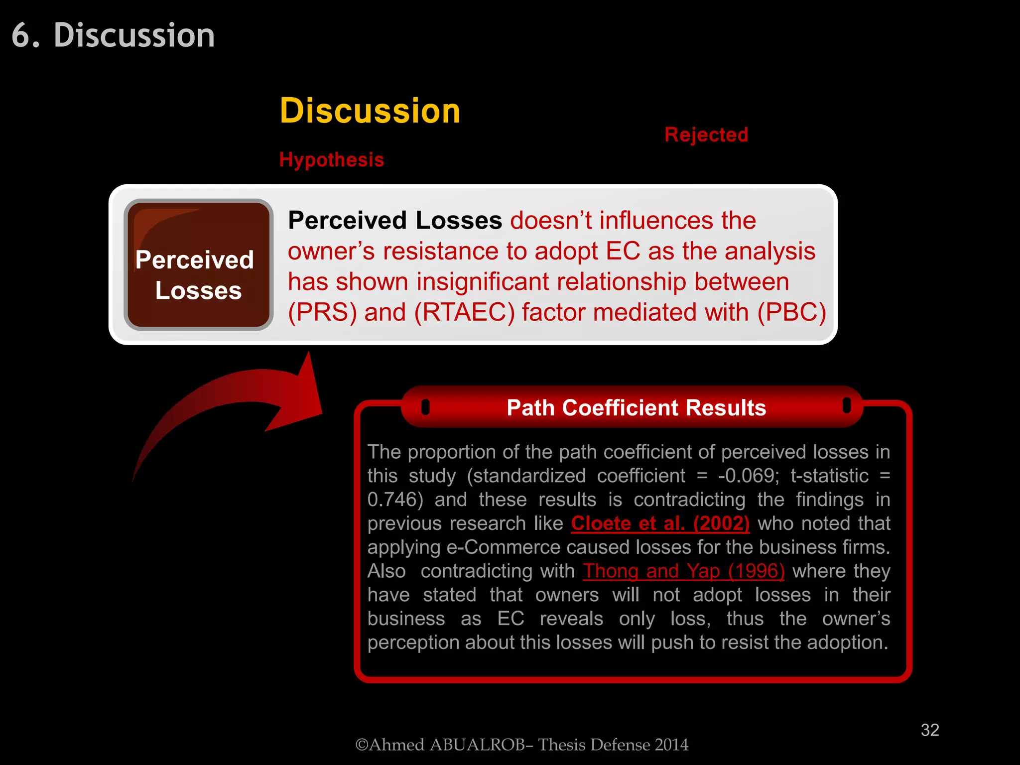 Perceived
Losses
Perceived Losses doesn’t influences the
owner’s resistance to adopt EC as the analysis
has shown insignificant relationship between
(PRS) and (RTAEC) factor mediated with (PBC)
Path Coefficient Results
The proportion of the path coefficient of perceived losses in
this study (standardized coefficient = -0.069; t-statistic =
0.746) and these results is contradicting the findings in
previous research like Cloete et al. (2002) who noted that
applying e-Commerce caused losses for the business firms.
Also contradicting with Thong and Yap (1996) where they
have stated that owners will not adopt losses in their
business as EC reveals only loss, thus the owner’s
perception about this losses will push to resist the adoption.
Discussion Rejected
Hypothesis
6. Discussion
©Ahmed ABUALROB– Thesis Defense 2014
32
 