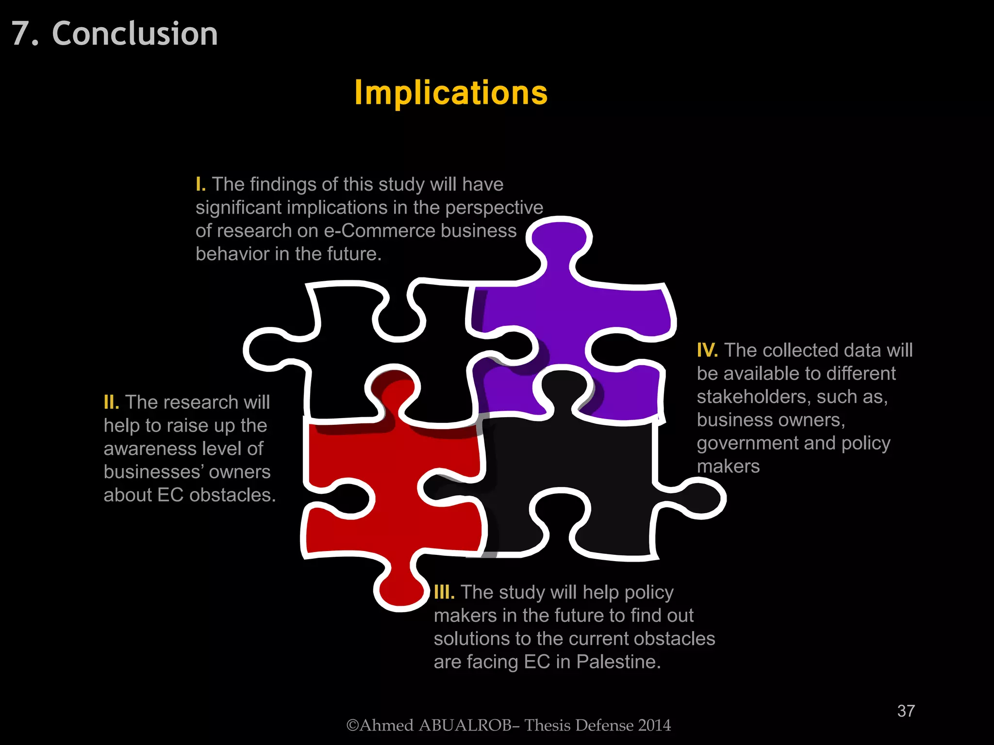37
IV. The collected data will
be available to different
stakeholders, such as,
business owners,
government and policy
makers
II. The research will
help to raise up the
awareness level of
businesses’ owners
about EC obstacles.
I. The findings of this study will have
significant implications in the perspective
of research on e-Commerce business
behavior in the future.
III. The study will help policy
makers in the future to find out
solutions to the current obstacles
are facing EC in Palestine.
7. Conclusion
Implications
©Ahmed ABUALROB– Thesis Defense 2014
 