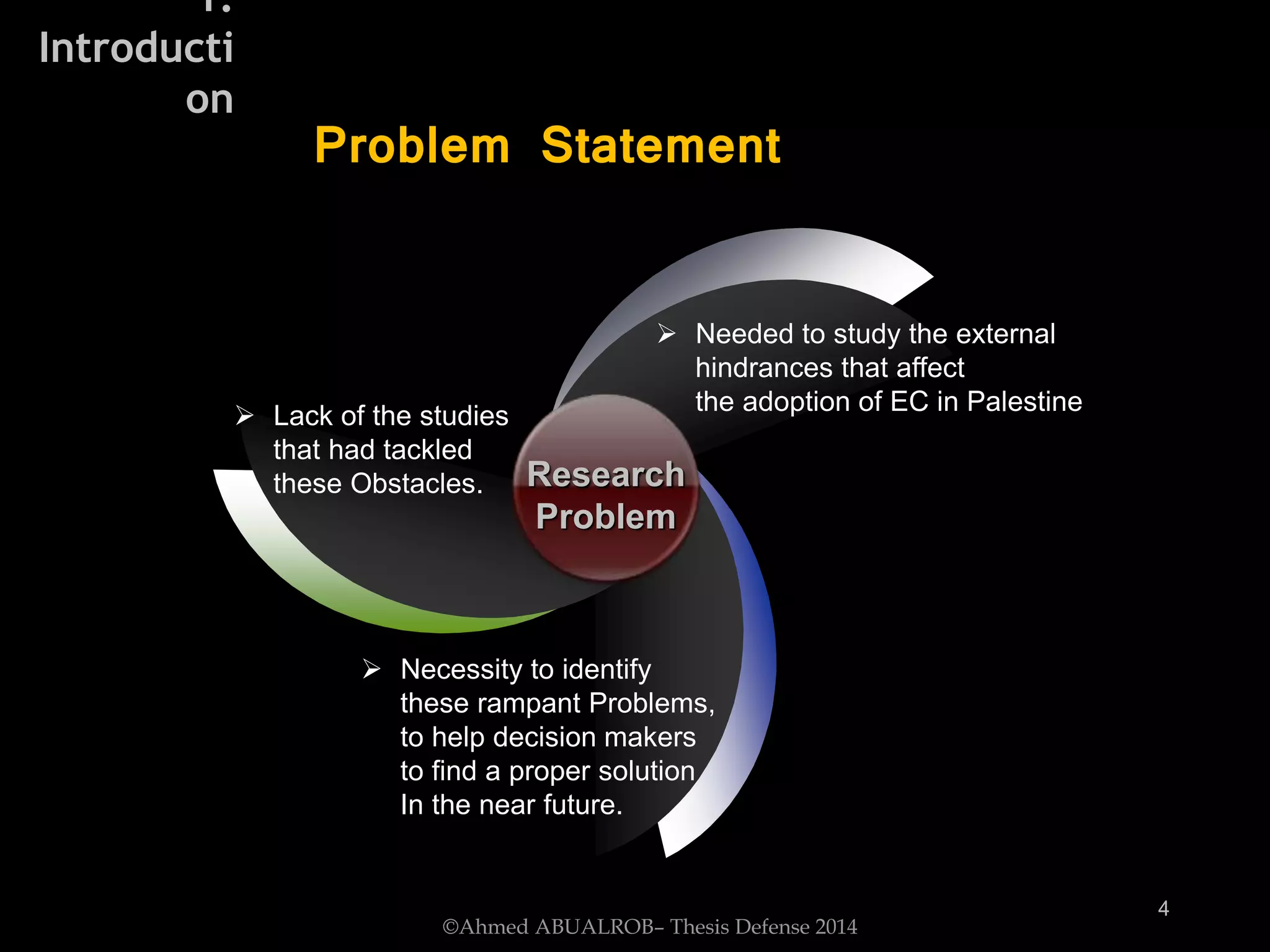 Research
Problem
 Lack of the studies
that had tackled
these Obstacles.
 Needed to study the external
hindrances that affect
the adoption of EC in Palestine
 Necessity to identify
these rampant Problems,
to help decision makers
to find a proper solution
In the near future.
Problem Statement
©Ahmed ABUALROB– Thesis Defense 2014
4
1.
Introducti
on
 