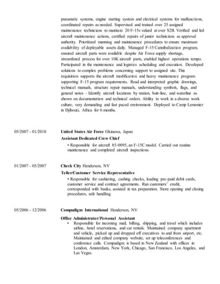 pneumatic systems, engine starting system and electrical systems for malfunctions,
coordinated repairs as needed. Supervised and trained over 25 assigned
maintenance technicians to maintain 20 F-15s valued at over $2B. Verified and led
aircraft maintenance actions, certified repairs of junior technicians as approval
authority. Prioritized manning and maintenance procedures to ensure maximum
availability of deployable assets daily. Managed F-15 Cannibalization program,
ensured aircraft parts were available despite Air Force supply shortage,
streamlined process for over 10K aircraft parts, enabled highest operations tempo.
Participated in the maintenance and logistics scheduling and execution. Developed
solutions to complex problems concerning support to assigned site. This
requisition supports the aircraft modification and heavy maintenance program
supporting F-15 program requirements. Read and interpreted graphic drawings,
technical manuals, structure repair manuals, understanding symbols, flags, and
general notes – Identify aircraft locations by station, butt-line, and waterline as
shown on documentation and technical orders. Ability to work in a diverse work
culture, very demanding and fast paced environment. Deployed to Camp Lemonier
in Djibouti, Africa for 6 months.
05/2007 - 01/2010 United States Air Force Okinawa, Japan
Assistant Dedicated Crew Chief
• Responsible for aircraft 85-0095, an F-15C model. Carried out routine
maintenance and completed aircraft inspections.
01/2007 - 05/2007 Check City Henderson, NV
Teller/Customer Service Representative
• Responsible for cashiering, cashing checks, loading pre-paid debit cards,
customer service and contract agreements. Ran customers’ credit,
corresponded with banks, assisted in tax preparation. Store opening and closing
procedures, safe handling.
05/2006 - 12/2006 Compudigm International Henderson, NV
Office Administrator/Personal Assistant
• Responsible for incoming mail, billing, shipping, and travel which includes
airline, hotel reservations, and car rentals. Maintained company apartment
and vehicle, picked up and dropped off executives to and from airport, etc.
Maintained and edited company website, set up teleconferences and
conference calls. Compudigm is based in New Zealand with offices in
London, Amsterdam, New York, Chicago, San Francisco, Los Angeles, and
Las Vegas.
 