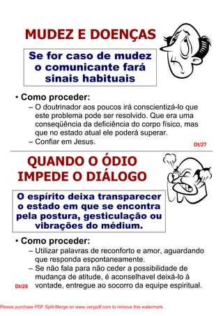 • Como proceder:
– Utilizar palavras de reconforto e amor, aguardando
que responda espontaneamente.
– Se não fala para não ceder a possibilidade de
mudança de atitude, é aconselhavel deixá-lo à
vontade, entregue ao socorro da equipe espiritual.
Dt/27
Dt/28
MUDEZ E DOENÇAS
Se for caso de mudez
o comunicante fará
sinais habituais
QUANDO O ÓDIO
IMPEDE O DIÁLOGO
• Como proceder:
– O doutrinador aos poucos irá conscientizá-lo que
este problema pode ser resolvido. Que era uma
conseqüência da deficiência do corpo físico, mas
que no estado atual ele poderá superar.
– Confiar em Jesus.
O espírito deixa transparecer
o estado em que se encontra
pela postura, gesticulação ou
vibrações do médium.
Please purchase PDF Split-Merge on www.verypdf.com to remove this watermark.
 