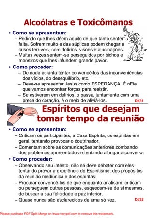 • Como se apresentam:
– Criticam os participantes, a Casa Espírita, os espíritas em
geral, tentando provocar o doutrinador.
– Comentam sobre as comunicações anteriores zombando
dos problemas apresentados e tentando alongar a conversa
• Como proceder:
– Observando seu intento, não se deve debater com eles
tentando provar a excelência do Espiritismo, dos propósitos
da reunião mediúnica e dos espíritas.
– Procurar convencê-los de que enquanto analisam, criticam
ou perseguem outras pessoas, esquecem-se de si mesmos,
de buscar a sua felicidade e paz interior.
– Quase nunca são esclarecidos de uma só vez.
• Como proceder:
– De nada adianta tentar convencê-los das inconveniências
dos vícios, do desequilíbrio, etc.
– Deve-se apresentar Jesus como ESPERANÇA. É nEle
que vamos encontrar forças para resistir.
– Se estiverem em delírios, o passe, juntamente com uma
prece do coração, é o meio de aliviá-los. Dt/31
Dt/32
Alcoólatras e Toxicômanos
Espíritos que desejam
tomar tempo da reunião
• Como se apresentam:
– Pedindo que lhes dêem aquilo de que tanto sentem
falta. Sofrem muito e das súplicas podem chegar a
crises terríveis, com delírios, visões e alucinações.
– Muitas vezes sentem-se perseguidos por bichos e
monstros que lhes infundem grande pavor.
Please purchase PDF Split-Merge on www.verypdf.com to remove this watermark.
 