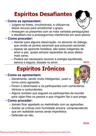 • Como proceder:
– Atentar para alguma observação, no decorrer do diálogo,
que revele os pontos sensíveis que procuram esconder.
– Apesar da aparente fortaleza, são todos indigentes de
amor e paz, quase sempre separados de seus afetos
mais caros.
– Poderá ser necessário recorrer à energia equilibrada,
serena e segura, dosada no amor. Dt/33
Dt/34
Espíritos Desafiantes
• Como se apresentam:
– Julgam-se fortes, invulneráveis, e utilizam-se
desse recurso para amedrontar o grupo.
– Ameaçam os presentes com as mais variadas perseguições
e desafiam-nos a prosseguirmos interferindo em seus planos
• Como se apresentam:
– Geralmente, sendo muito inteligentes, usam a
ironia como agressão.
– Ferem o doutrinador e os participantes com comentários
irônicos e contundentes.
– Alguns revelam que seguem os participantes da reunião
para vigiar-lhes os passos e que ninguém faz o que prega.
• Como proceder:
– Jamais ficar agastado ou melindrado com as agressões.
– Aceitar as críticas com humildade sincera, compreendendo
que em realidade somos ainda imperfeitos.
– Defender-se não.
Espíritos Irônicos
Please purchase PDF Split-Merge on www.verypdf.com to remove this watermark.
 