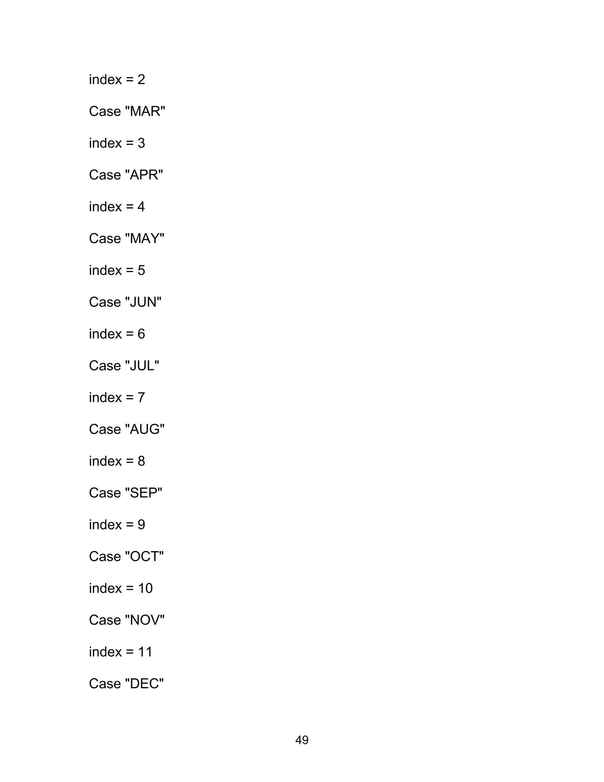 index = 2
Case "MAR"
index = 3
Case "APR"
index = 4
Case "MAY"
index = 5
Case "JUN"
index = 6
Case "JUL"
index = 7
Case "AUG"
index = 8
Case "SEP"
index = 9
Case "OCT"
index = 10
Case "NOV"
index = 11
Case "DEC"
49
 