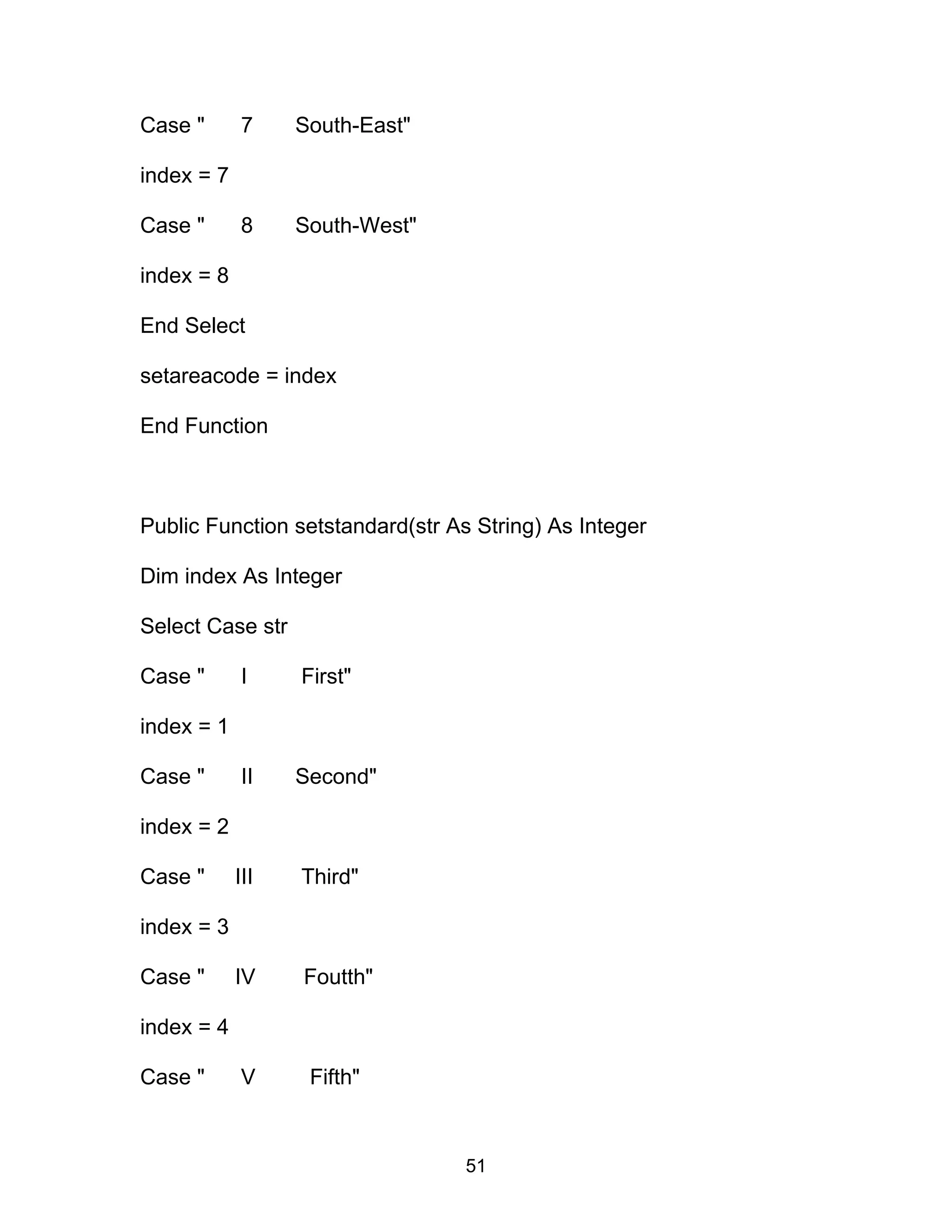 Case " 7 South-East"
index = 7
Case " 8 South-West"
index = 8
End Select
setareacode = index
End Function
Public Function setstandard(str As String) As Integer
Dim index As Integer
Select Case str
Case " I First"
index = 1
Case " II Second"
index = 2
Case " III Third"
index = 3
Case " IV Foutth"
index = 4
Case " V Fifth"
51
 