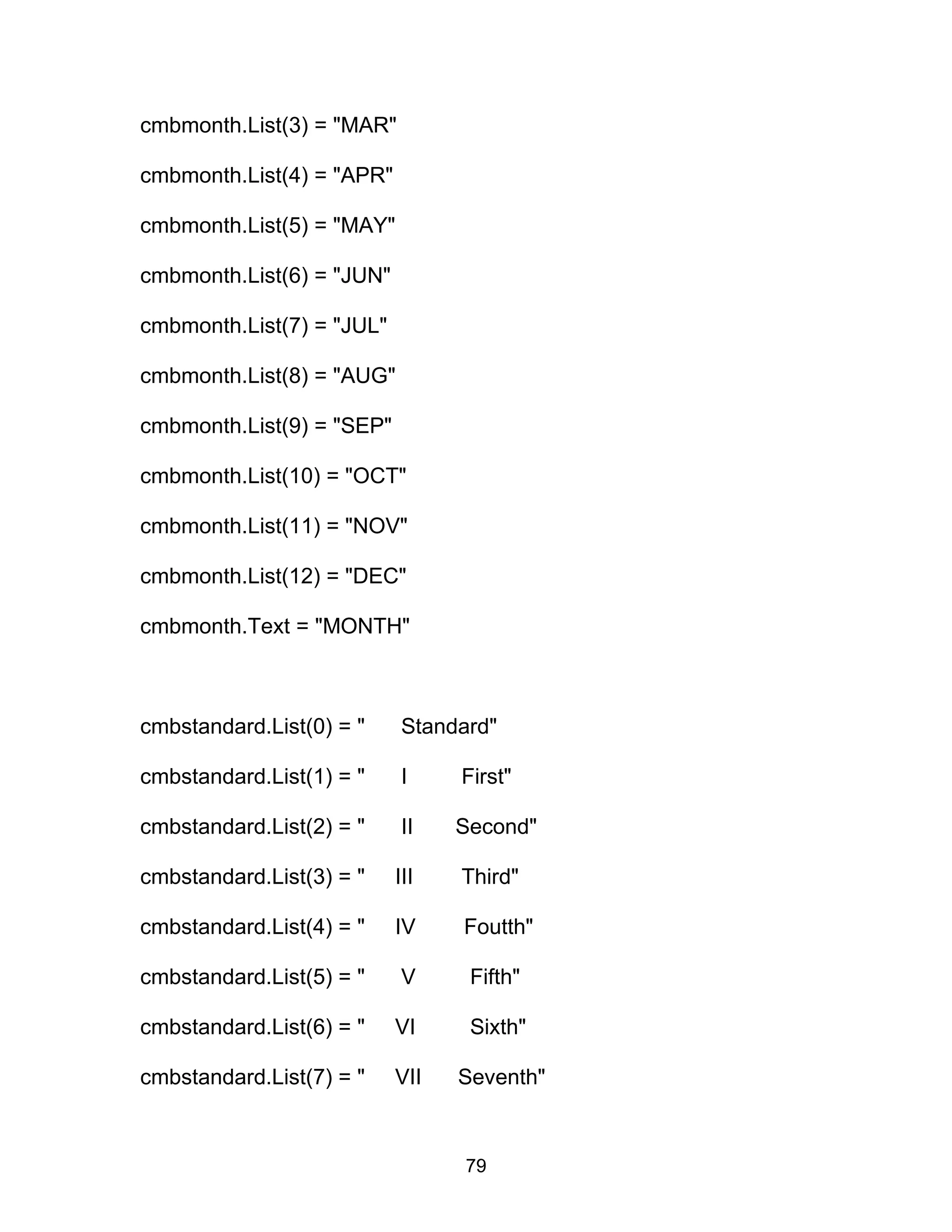 cmbmonth.List(3) = "MAR"
cmbmonth.List(4) = "APR"
cmbmonth.List(5) = "MAY"
cmbmonth.List(6) = "JUN"
cmbmonth.List(7) = "JUL"
cmbmonth.List(8) = "AUG"
cmbmonth.List(9) = "SEP"
cmbmonth.List(10) = "OCT"
cmbmonth.List(11) = "NOV"
cmbmonth.List(12) = "DEC"
cmbmonth.Text = "MONTH"
cmbstandard.List(0) = " Standard"
cmbstandard.List(1) = " I First"
cmbstandard.List(2) = " II Second"
cmbstandard.List(3) = " III Third"
cmbstandard.List(4) = " IV Foutth"
cmbstandard.List(5) = " V Fifth"
cmbstandard.List(6) = " VI Sixth"
cmbstandard.List(7) = " VII Seventh"
79
 