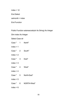 index = 12
End Select
setmonth = index
End Function
Public Function setareacode(str As String) As Integer
Dim index As Integer
Select Case str
Case " 1 North"
index = 1
Case " 2 South"
index = 2
Case " 3 East"
index = 3
Case " 4 West"
index = 4
Case " 5 North-East"
index = 5
Case " 6 NORTH-West"
index = 6
50
 