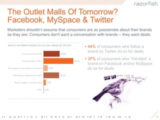 The Outlet Malls Of Tomorrow? Facebook, MySpace & TwitterMarketers shouldn’t assume that consumers are as passionate about their brands as they are: Consumers don’t want a conversation with brands – they want deals.1144% of consumers who follow a brand on Twitter do so for deals