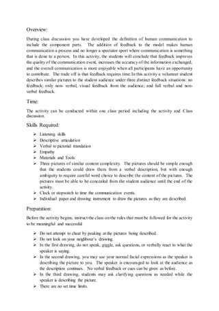 Overview: 
During class discussion you have developed the definition of human communication to 
include the component parts. The addition of feedback to the model makes human 
communication a process and no longer a spectator sport where communication is something 
that is done to a person. In this activity, the students will conclude that feedback improves 
the quality of the communication event, increases the accuracy of the information exchanged, 
and the overall communication is more enjoyable when all participants have an opportunity 
to contribute. The trade off is that feedback requires time.In this activity a volunteer student 
describes similar pictures to the student audience under three distinct feedback situations: no 
feedback; only non- verbal, visual feedback from the audience; and full verbal and non-verbal 
feedback. 
Time: 
The activity can be conducted within one class period including the activity and Class 
discussion. 
Skills Required: 
 Listening skills 
 Descriptive articulation 
 Verbal to pictorial translation 
 Empathy 
 Materials and Tools: 
 Three pictures of similar content complexity. The pictures should be simple enough 
that the students could draw them from a verbal description, but with enough 
ambiguity to require careful word choice to describe the content of the pictures. The 
pictures must be able to be concealed from the student audience until the end of the 
activity. 
 Clock or stopwatch to time the communication events. 
 Individual paper and drawing instrument to draw the pictures as they are described. 
Preparation: 
Before the activity begins, instruct the class on the rules that must be followed for the activity 
to be meaningful and successful. 
 Do not attempt to cheat by peaking at the pictures being described. 
 Do not look on your neighbour’s drawing. 
 In the first drawing, do not speak, giggle, ask questions, or verbally react to what the 
speaker is saying. 
 In the second drawing, you may use your normal facial expressions as the speaker is 
describing the picture to you. The speaker is encouraged to look at the audience as 
the description continues. No verbal feedback or cues can be given as before. 
 In the third drawing, students may ask clarifying questions as needed while the 
speaker is describing the picture. 
 There are no set time limits. 
 