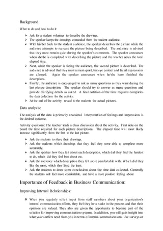 Background: 
What to do and how to do it: 
 Ask for a student volunteer to describe the drawings. 
 The speaker keeps the drawings concealed from the student audience. 
 With his/her back to the student audience, the speaker describes the picture while the 
audience attempts to recreate the picture being described. The audience is advised 
that they must remain quiet during the speaker’s comments. The speaker announces 
when she/he is completed with describing the picture and the teacher notes the total 
elapsed time. 
 Next, while the speaker is facing the audience, the second picture is described. The 
audience is advised that they must remain quiet, but eye contact and facial expressions 
are allowed. Again the speaker announces when he/she have finished the 
descriptions. 
 Finally, the audience is encouraged to ask as many questions as they want during the 
last picture description. The speaker should try to answer as many questions and 
provide clarifying details as asked. A final notation of the time required completes 
the data collection for the activity. 
 At the end of the activity, reveal to the students the actual pictures. 
Data analysis: 
The analysis of the data is primarily anecdotal. Interpretat ion of feelings and impressions is 
the desired outcome. 
Activity questions: The teacher leads a class discussion about the activity. First note on the 
board the time required for each picture descriptions. The elapsed time will most likely 
increase significantly from the first to the last picture. 
 Ask the students to share their drawings. 
 Ask the students which drawings that they feel they were able to complete more 
accurately. 
 Ask the speaker how they felt about each description, which did they find the hardest 
to do, which did they feel best about etc. 
 Ask the audience which description they felt more comfortable with. Which did they 
like the most, which they liked the least. 
 Ask the students to draw some conclusions about the time data collected. Generally 
the students will feel more comfortable, and have a more positive feeling about 
Importance of Feedback in Business Communication: 
Improving Internal Relationships: 
 When you regularly solicit input from staff members about your organization's 
internal communication efforts, they feel they have stake in the process and that their 
opinions are valued. They also are given the opportunity to become part of the 
solution for improving communication systems. In addition, you will gain insight into 
what your staffers need from you in terms of internal communications. Use surveys or 
 