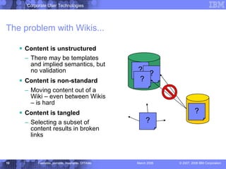 The problem with Wikis... Content is unstructured There may be templates and implied semantics, but no validation Content is non-standard Moving content out of a Wiki – even between Wikis – is hard Content is tangled Selecting a subset of content results in broken links ? ? ? ? ? 