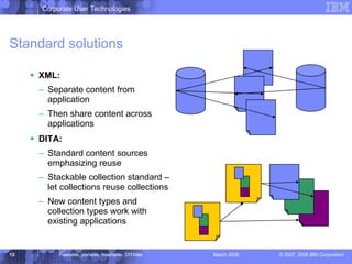 Standard solutions XML: Separate content from application Then share content across applications DITA: Standard content sources emphasizing reuse Stackable collection standard – let collections reuse collections New content types and collection types work with existing applications 
