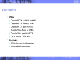 Scenarios Wikis Create DITA, publish to Wiki Create DITA, feed to Wiki Create DITA, port to Wiki Create Wiki, feed to DITA Create Wiki, port to DITA Or: a native DITA wiki Mashups With standardized sources With added semantics 