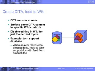 Create DITA, feed to Wiki DITA remains source Surface some DITA content in specific Wiki contexts Disable editing in Wiki for just the derived topics Example: tech support database When answer moves into product docs, replace tech support doc with feed from product doc 