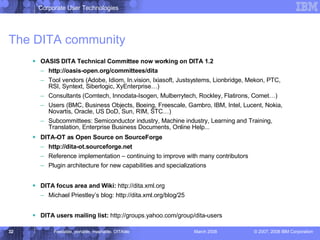 The DITA community OASIS DITA Technical Committee now working on DITA 1.2 http://oasis-open.org/committees/dita Tool vendors (Adobe, Idiom, In.vision, Ixiasoft, Justsystems, Lionbridge, Mekon, PTC, RSI, Syntext, Siberlogic, XyEnterprise…)  Consultants (Comtech, Innodata-Isogen, Mulberrytech, Rockley, Flatirons, Comet…)  Users (BMC, Business Objects, Boeing, Freescale, Gambro, IBM, Intel, Lucent, Nokia, Novartis, Oracle, US DoD, Sun, RIM, STC…) Subcommittees: Semiconductor industry, Machine industry, Learning and Training, Translation, Enterprise Business Documents, Online Help... DITA-OT as Open Source on SourceForge http://dita-ot.sourceforge.net Reference implementation – continuing to improve with many contributors Plugin architecture for new capabilities and specializations DITA focus area and Wiki:  http://dita.xml.org Michael Priestley’s blog: http://dita.xml.org/blog/25 DITA users mailing list:  http://groups.yahoo.com/group/dita-users 
