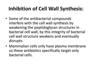 Inhibition of Cell Wall Synthesis:
• Some of the antibacterial compounds
interfere with the cell wall synthesis by
weakening the peptidoglycan structures in
bacterial cell wall, by this integrity of bacterial
cell wall structure weakens and eventually
disrupts.
• Mammalian cells only have plasma membrane
so these antibiotics specifically target only
bacterial cells.
 