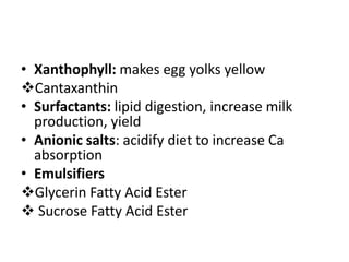 • Xanthophyll: makes egg yolks yellow
Cantaxanthin
• Surfactants: lipid digestion, increase milk
production, yield
• Anionic salts: acidify diet to increase Ca
absorption
• Emulsifiers
Glycerin Fatty Acid Ester
 Sucrose Fatty Acid Ester
 