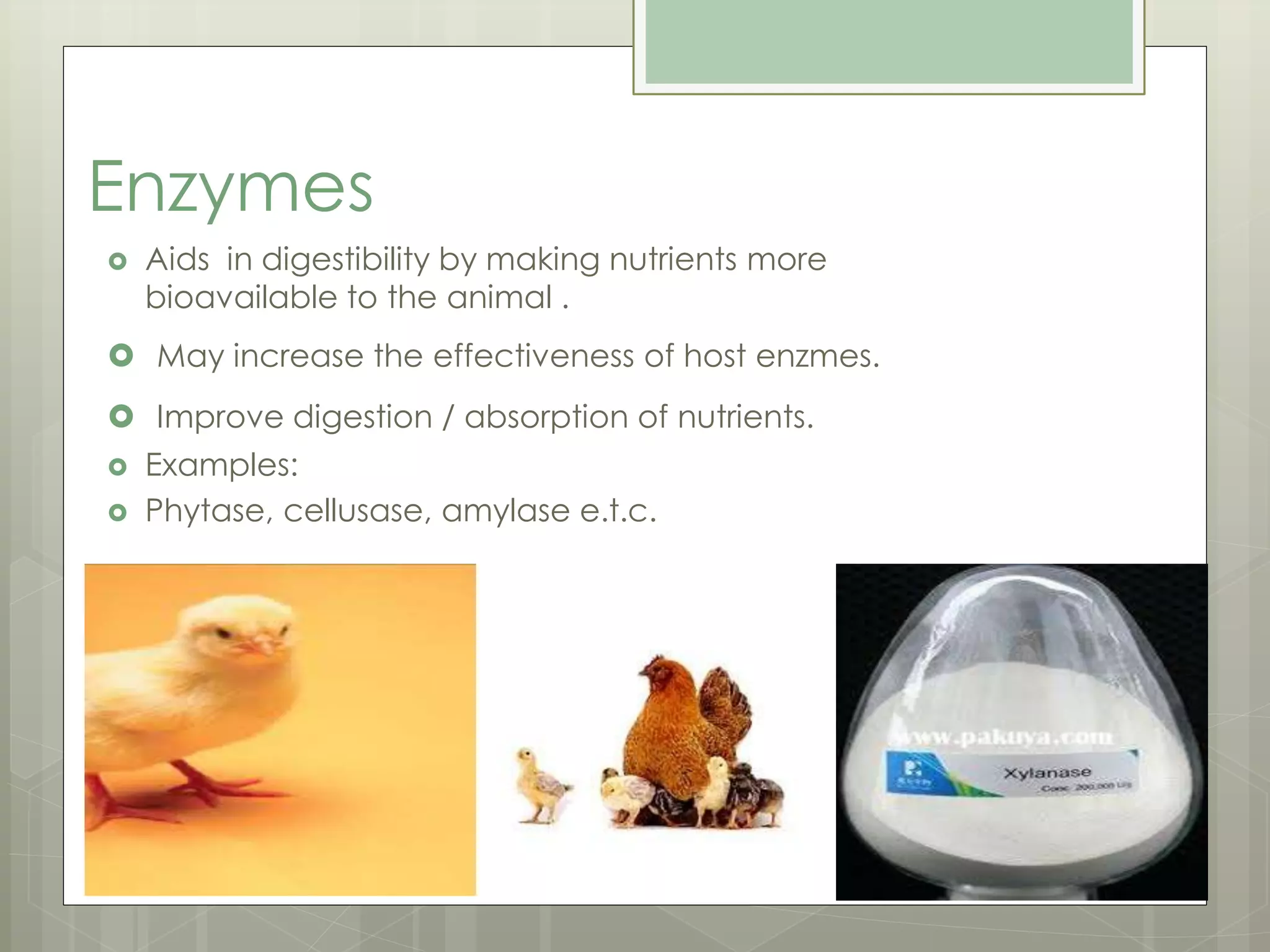 Enzymes
 Aids in digestibility by making nutrients more
bioavailable to the animal .
 May increase the effectiveness of host enzmes.
 Improve digestion / absorption of nutrients.
 Examples:
 Phytase, cellusase, amylase e.t.c.
 