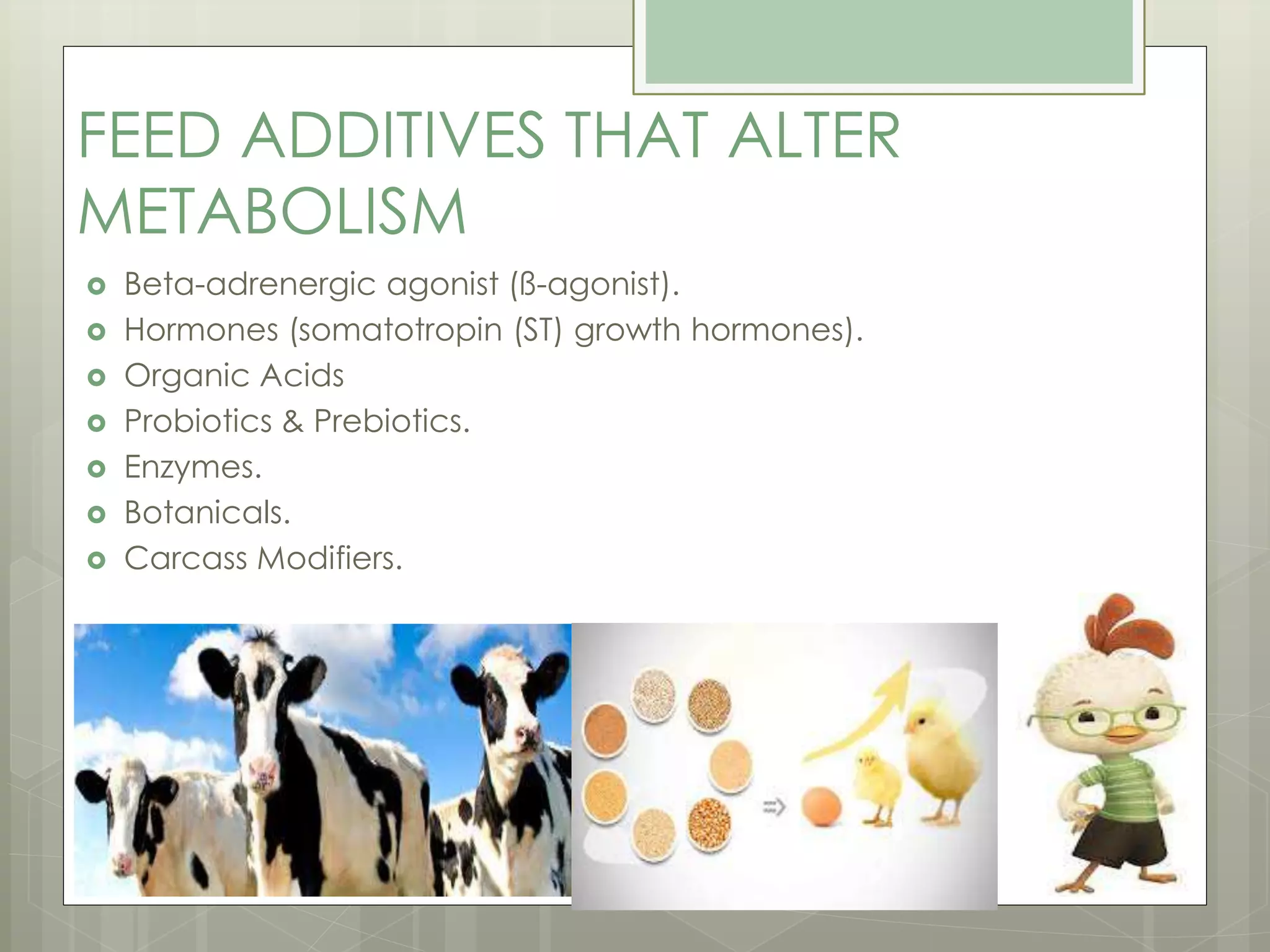 FEED ADDITIVES THAT ALTER
METABOLISM
 Beta-adrenergic agonist (ß-agonist).
 Hormones (somatotropin (ST) growth hormones).
 Organic Acids
 Probiotics & Prebiotics.
 Enzymes.
 Botanicals.
 Carcass Modifiers.
 