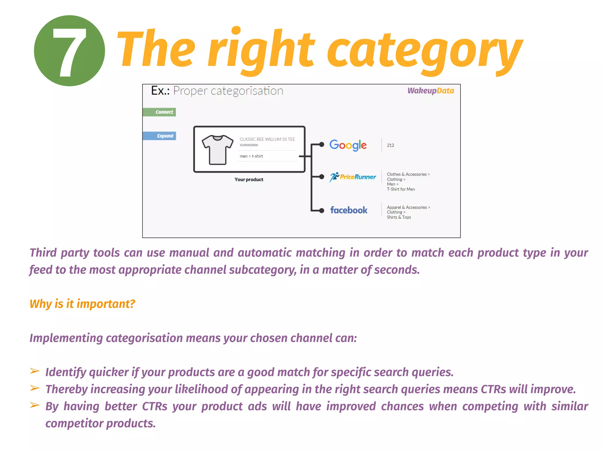 7 The right category
Third party tools can use manual and automatic matching in order to match each product type in your
feed to the most appropriate channel subcategory, in a matter of seconds.
Why is it important?
Implementing categorisation means your chosen channel can:
➢ Identify quicker if your products are a good match for specific search queries.
➢ Thereby increasing your likelihood of appearing in the right search queries means CTRs will improve.
➢ By having better CTRs your product ads will have improved chances when competing with similar
competitor products.
 