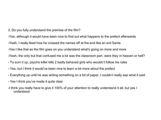 3. Do you fully understand the premise of the film?

-Yes, although it would have been nice to find out what happens to the prefect afterwards
-Yeah, I really liked how he crossed the names off at the end like an evil Santa
-Yes I like that as the film goes on you understand what's going on more and more
-Yeah, the only but that confused me a bit was the classroom part, were they in heaven or hell?
- To sum it up, psycho killer kills 2 badly behaved girls who wouldn’t follow his rules
- Yes, but I think it would’ve been nice to learn a bit more about the prefect

- Everything up until he was writing something on a bit of paper, I couldn’t really see what it said
- Yes I think you’ve made it quite clear

-I think you really have to give it 100% of your attention to really understand it all, but yes I
     understood
 