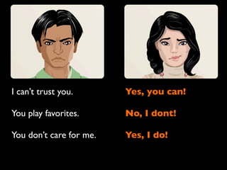 I can’t trust you.       Yes, you can!

You play favorites.      No, I dont!

You don’t care for me.   Yes, I do!
 